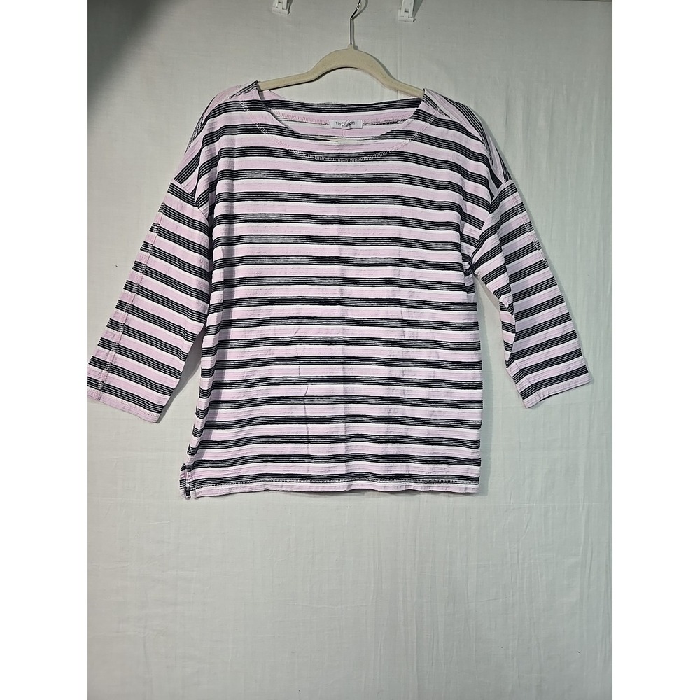 T By Talbots Navy White Pink Striped Round Neck 3/4 Sleeve Top Women's‎ Size L